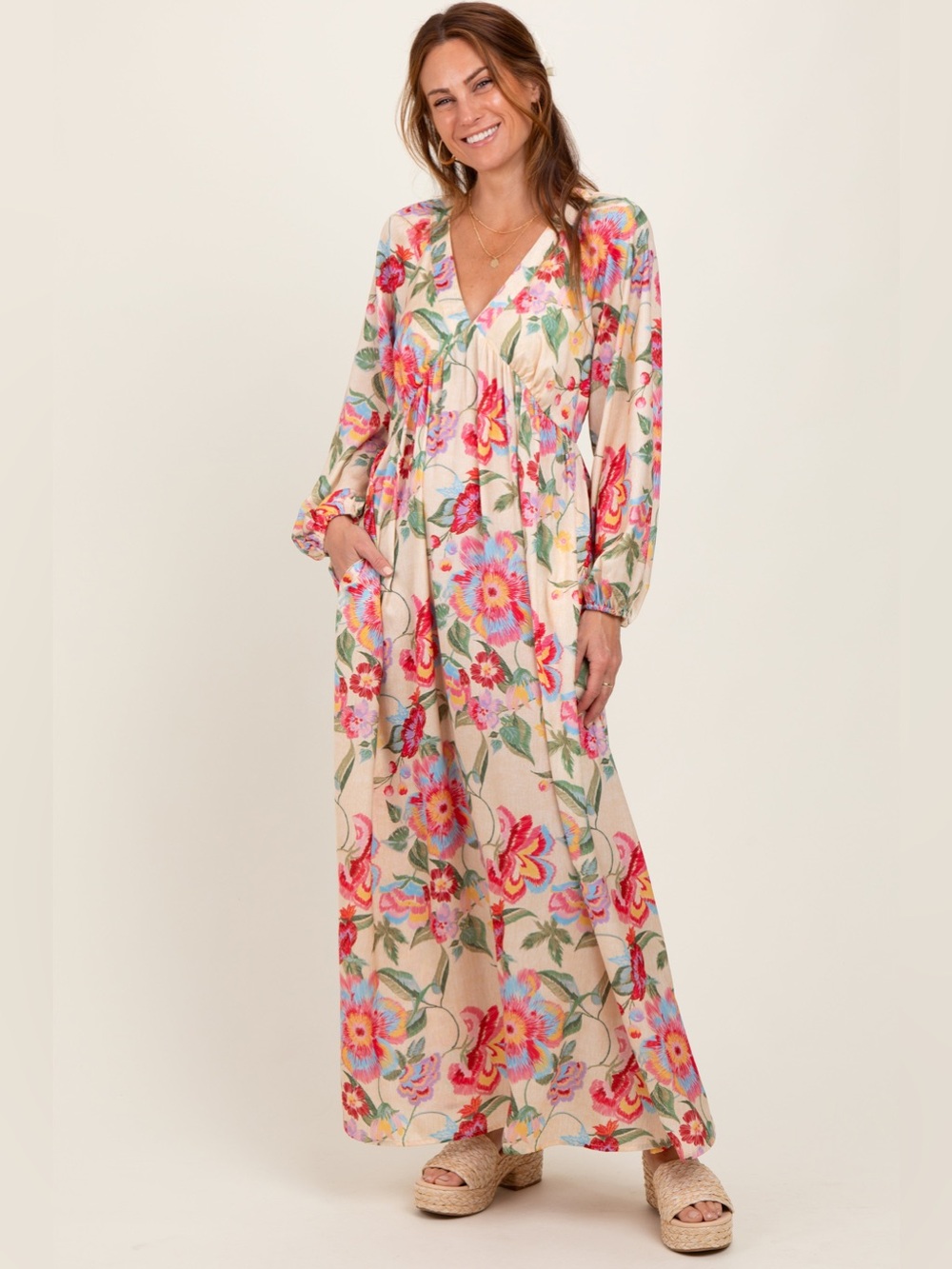 Floral V-Neck Maxi Dress in Cream and Pink
